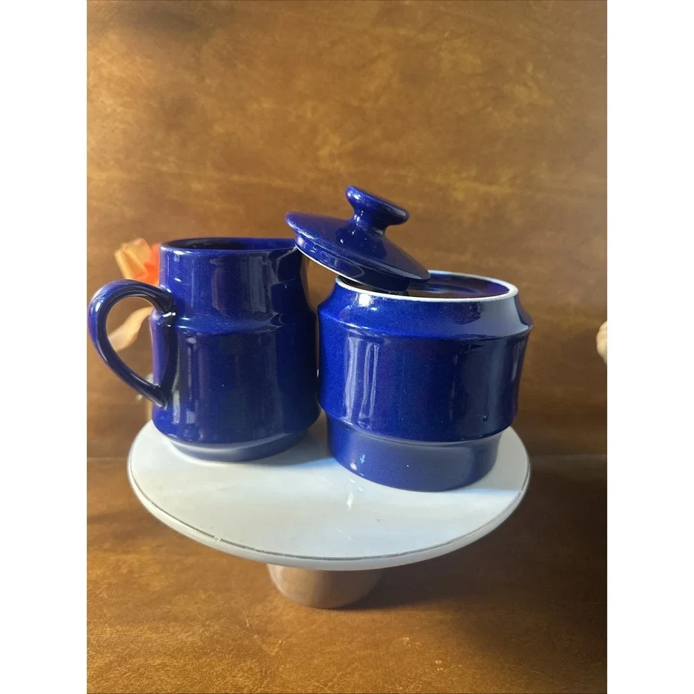 VTG Cobalt Blue Creamer Sugar Set Style Hour Made In Japan